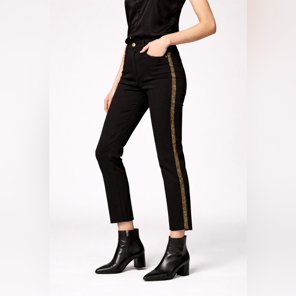 Frame Denim Jeans 25 Le High Straight Black Gold Velvet Side Trim Panel Raw Hem